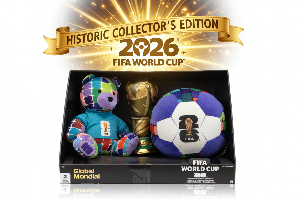 FIFA World Cup plush toy set with teddy bear, trophy, and soccer ball in packaging.