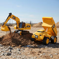 Three toy construction vehicles, including a dump truck and an excavator, on a black background.