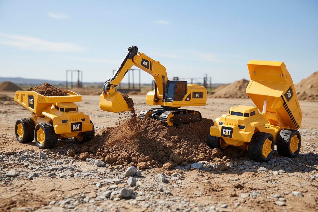 Three toy construction vehicles, including a dump truck and an excavator, on a black background.