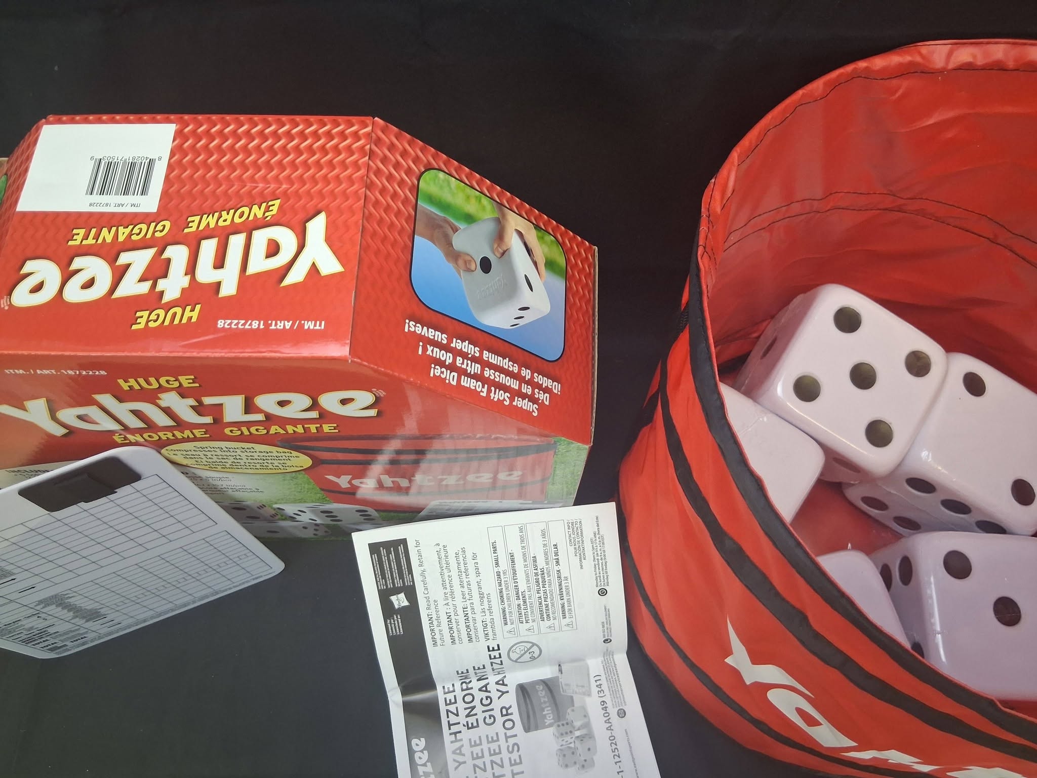 Huge Yahtzee Giant Outdoor Dice Game Set – Foam Dice, Bucket, Scoreboard, Carry Bag