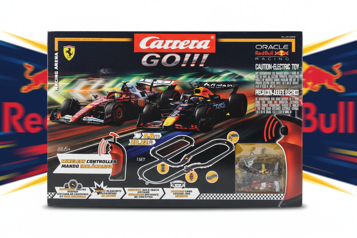 Carrera GO!!! toy race car set packaging on a dark background