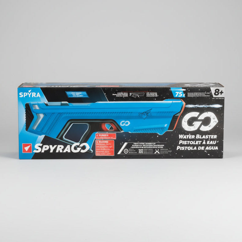 Spyra GO water blaster packaging with blue and orange models on a black background