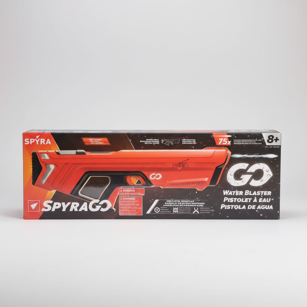 Spyra GO water blaster packaging with blue and orange models on a black background