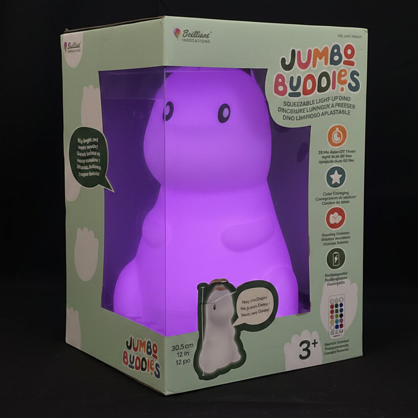 Jumbo Buddies product packaging with a white plush toy inside on a dark background