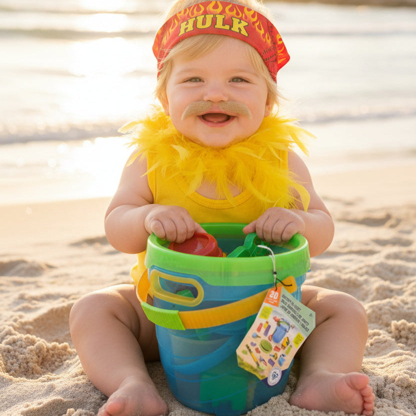 Colorful toy storage bucket with a tag on a black background