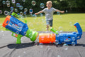 Two toy blasters, one blue and green, the other blue and orange, on a black background.