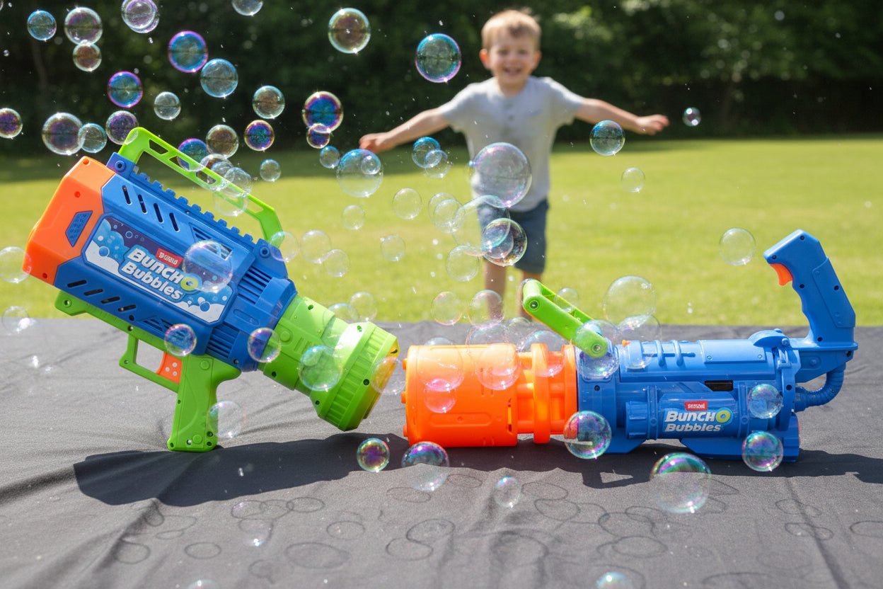 Two toy blasters, one blue and green, the other blue and orange, on a black background.