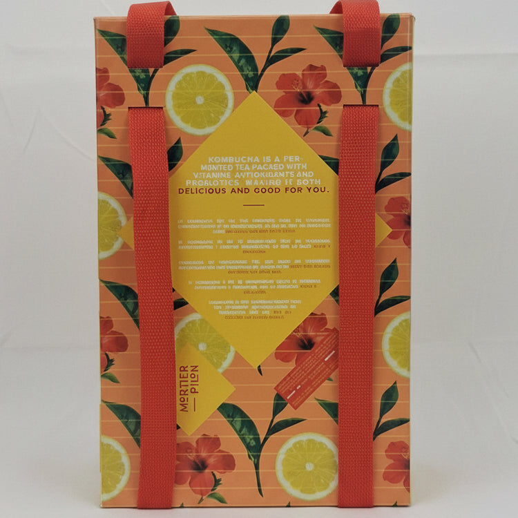 A rectangular gift box for Msterie-Plein kombucha tea, decorated with a citrus and hibiscus floral pattern on a peach background, featuring two red fabric handles and a yellow diamond-shaped label with product details.