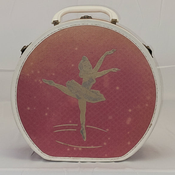 Vintage 1950s Ballerina Round Hatbox Case – Pink Star-Lined Child's Doll Suitcase