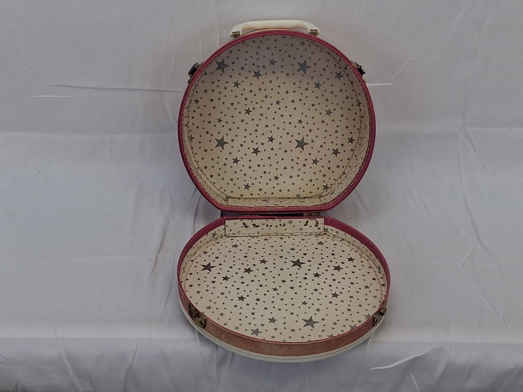 Vintage 1950s Ballerina Round Hatbox Case – Pink Star-Lined Child's Doll Suitcase