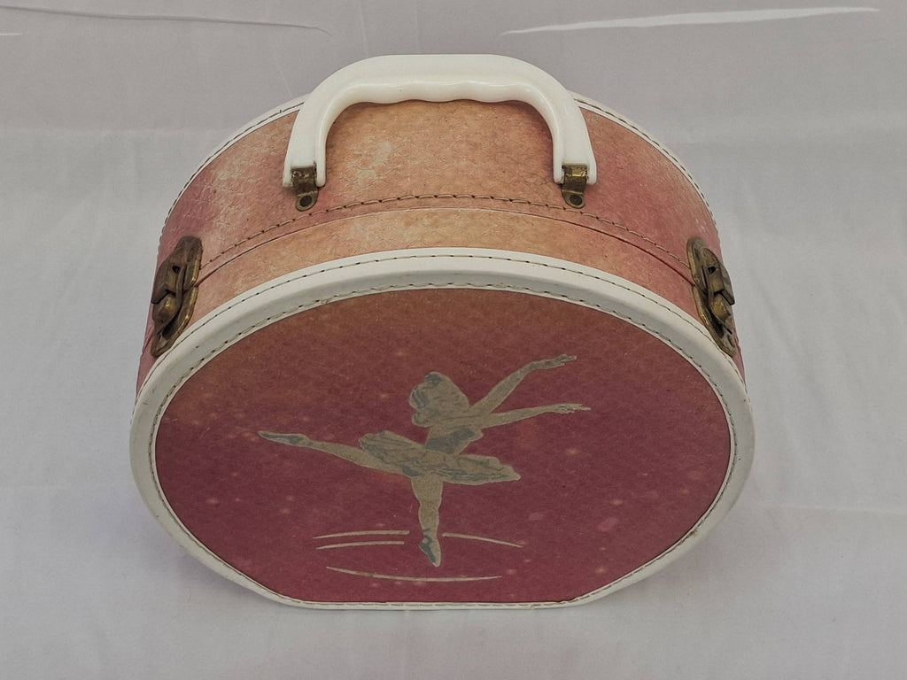 Vintage 1950s Ballerina Round Hatbox Case – Pink Star-Lined Child's Doll Suitcase
