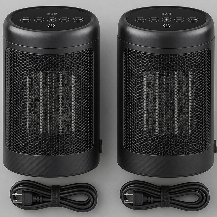 Two black cylindrical portable heaters with mesh fronts and top control buttons, shown side by side on a light gray background with two black power cords below.