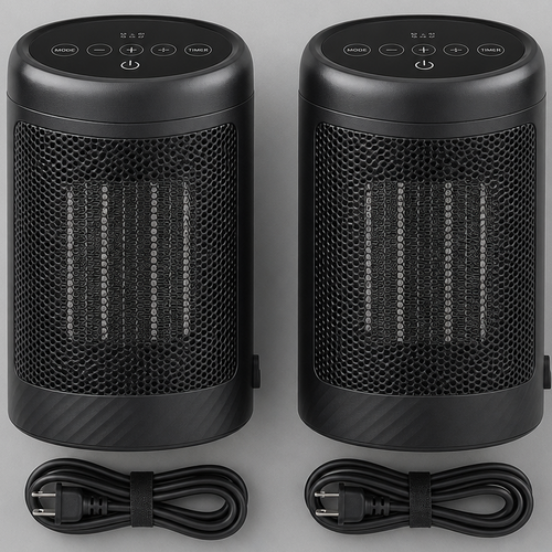 Two black cylindrical portable heaters with mesh fronts and top control buttons, shown side by side on a light gray background with two black power cords below.