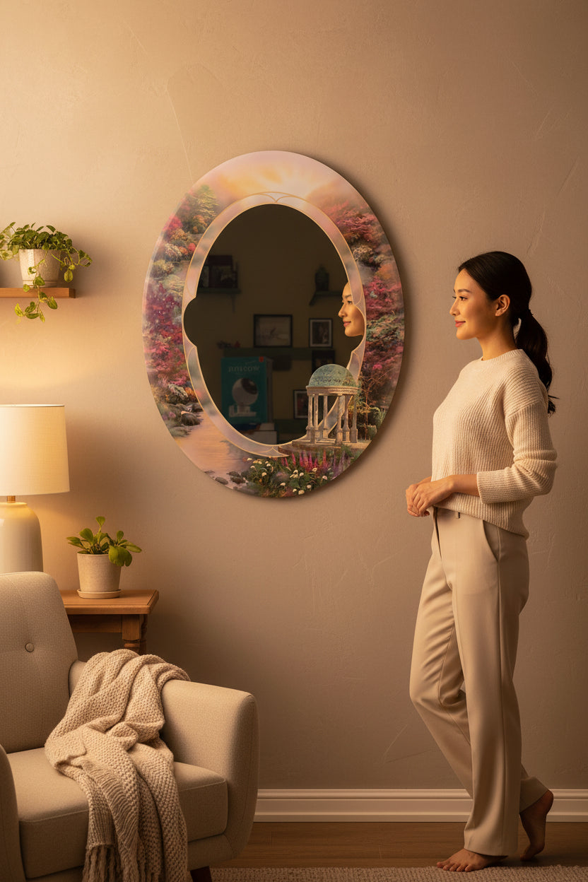 Decorative mirror with a colorful, abstract design on a dark background