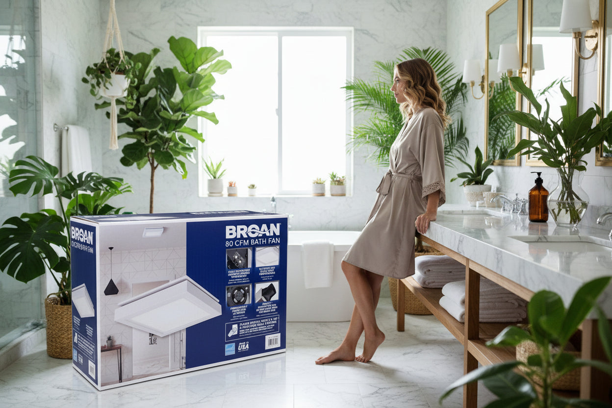 Broan 80 CFM bath fan packaging with images of a bathroom and product features.