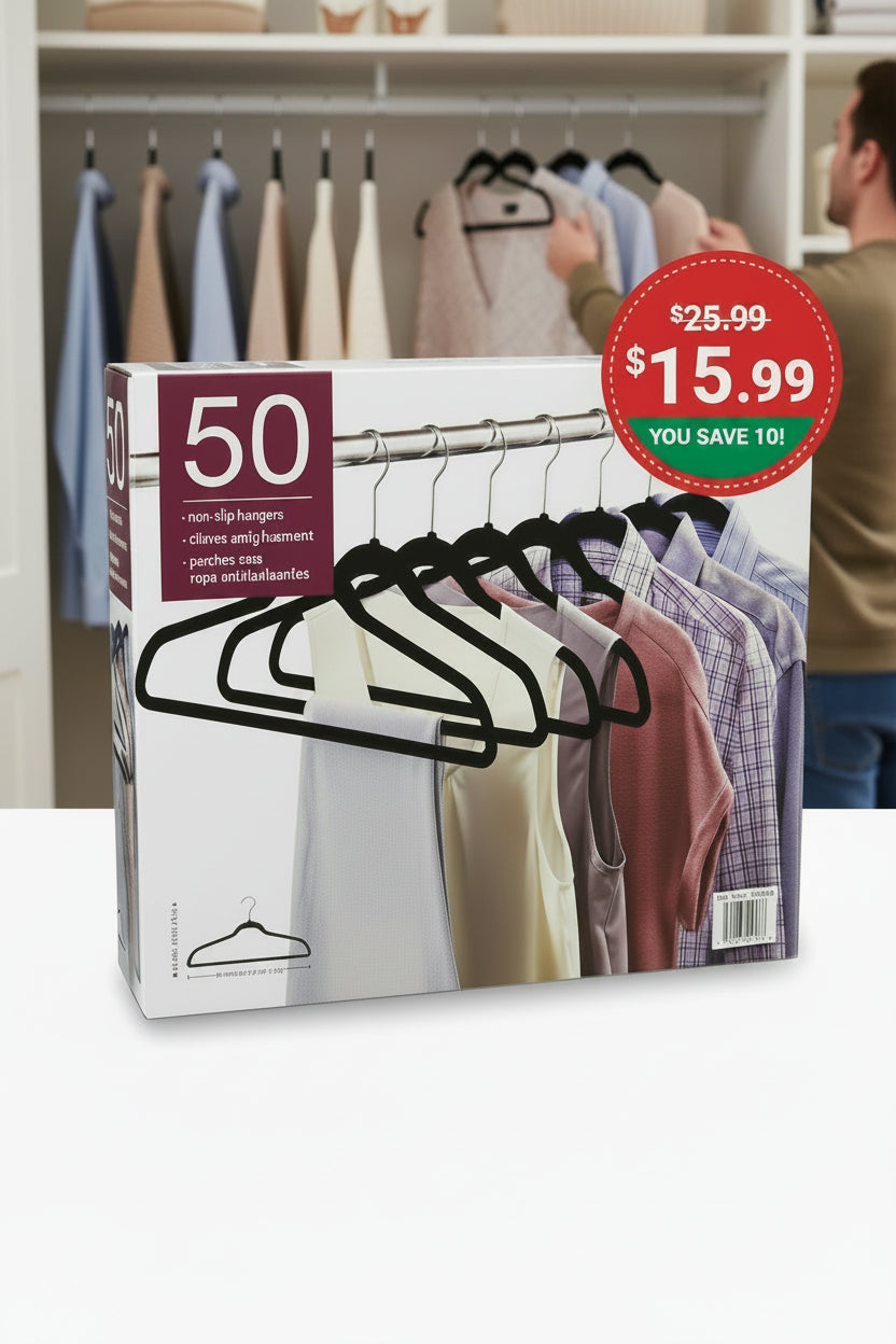 Non-Slip Velvet Clothes Hangers, Black, 50-Pack