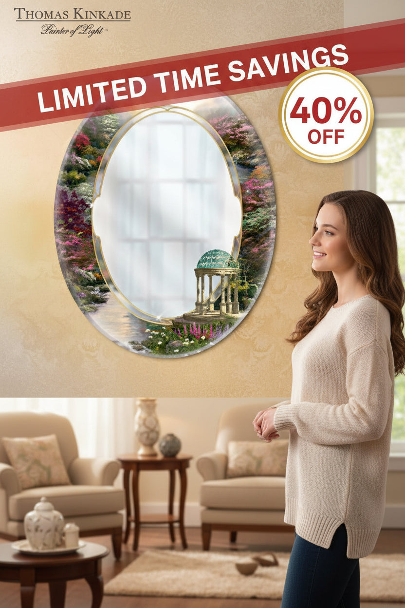 Decorative mirror with Thomas Kinkade artwork on a beige background